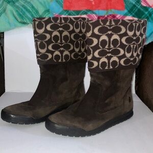 Coach Signature C Cuff Brown Suede Boots with Patterned Cuff